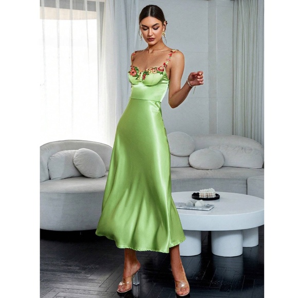 Green Satin Long Dress Floral Embroidery On Bust and Spaghetti Straps - Picture 2 of 16